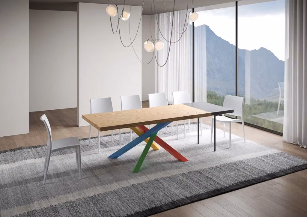 Tavolo allungabile moderno Versalux in rovere scortecciato con gambe a X in metallo, L/P/H: 90 x 180/230 x 75 cm – 2