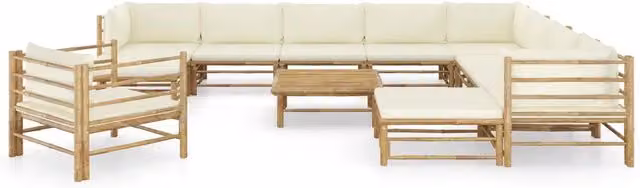 Set Salotto da Giardino vidaXL in Bambu a Forma di U con Cuscini Bianco e Beige