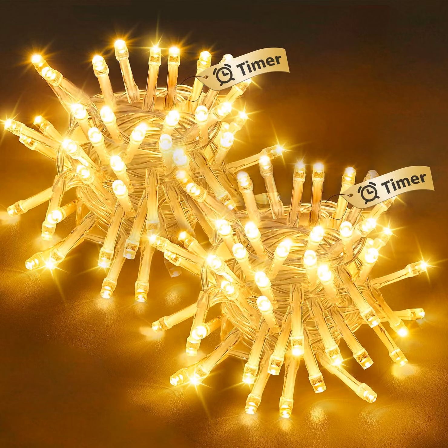 Catena luminosa da 5 metri, con 50 LED, luce bianco caldo, timer integrato, confezione da 2 pezzi