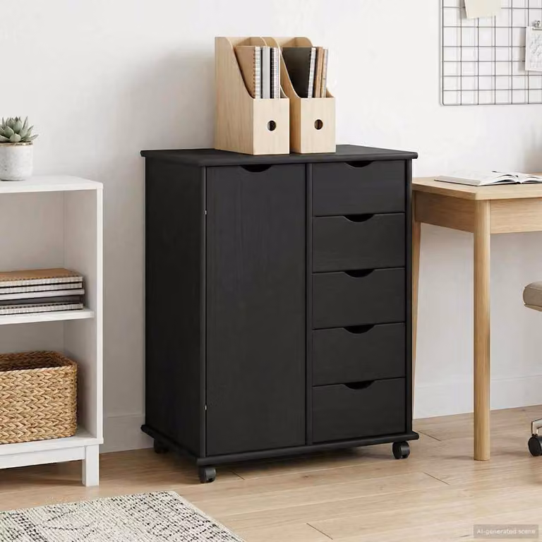Mobile con ruote vidaXL in legno di pino massello nero con ante e cassetti L/P/H: 63,5 x 39 x 79 cm