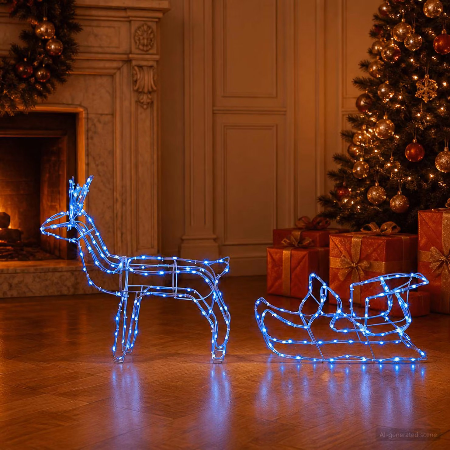 vidaXL Decorazione natalizia con renna e slitta LOVIISA 240 LED Blu
