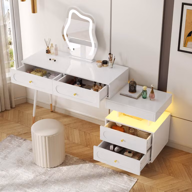 okwish tavolo da toilette con specchio e illuminazione a LED, tavolo cosmetico con 4 cassetti spaziosi e serratura a muro, design touch screen, bianco