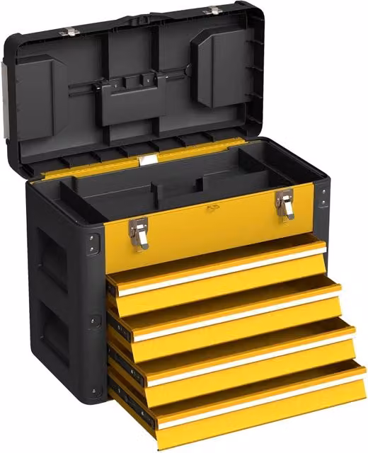 Cassetta portautensili Weimin in acciaio con 4 cassetti e inserti, colore giallo, L: 49,7 cm, P: 25,3 cm, H: 40,7 cm
