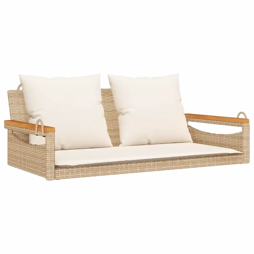 Panchina a dondolo vidaXL in polyrattan con cuscini beige e struttura in legno di acacia, L: 109 cm, P: 62 cm, H: 40 cm – 2