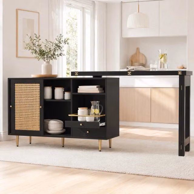 Desviae Mobile bar girevole 360° e allungabile con ante in rattan e ripiani aperti in MDF nero 107 × 40 × 71,4 cm
