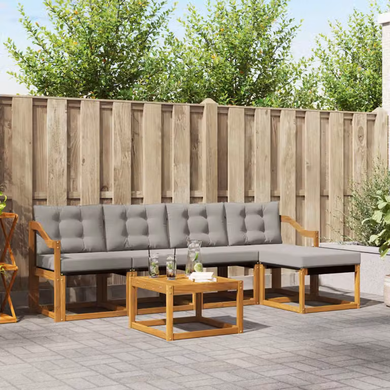 vidaXL Set di divani da esterno a L in legno di acacia con tavolino e pouf, 6 pezzi, Grigio e Beige