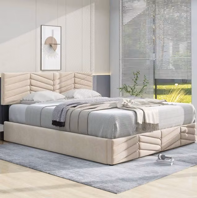 Letto imbottito 140x190 cm; testiera regolabile e rete a doghe; velluto beige