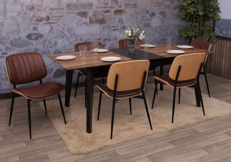 Set di 6 sedie da pranzo modello HWC-O44, sedia per cucina, realizzata in legno massello con rivestimento in ecopelle, colore marrone naturale, stile vintage