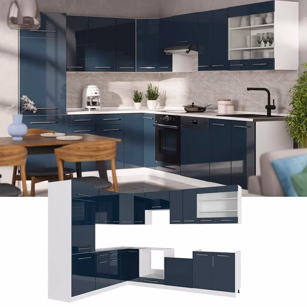 Cucina angolare moderna Vicco Fame-Line Blu scuro lucido e Bianco con dettagli Rovere, L: 287 cm x P: 227 cm – 2