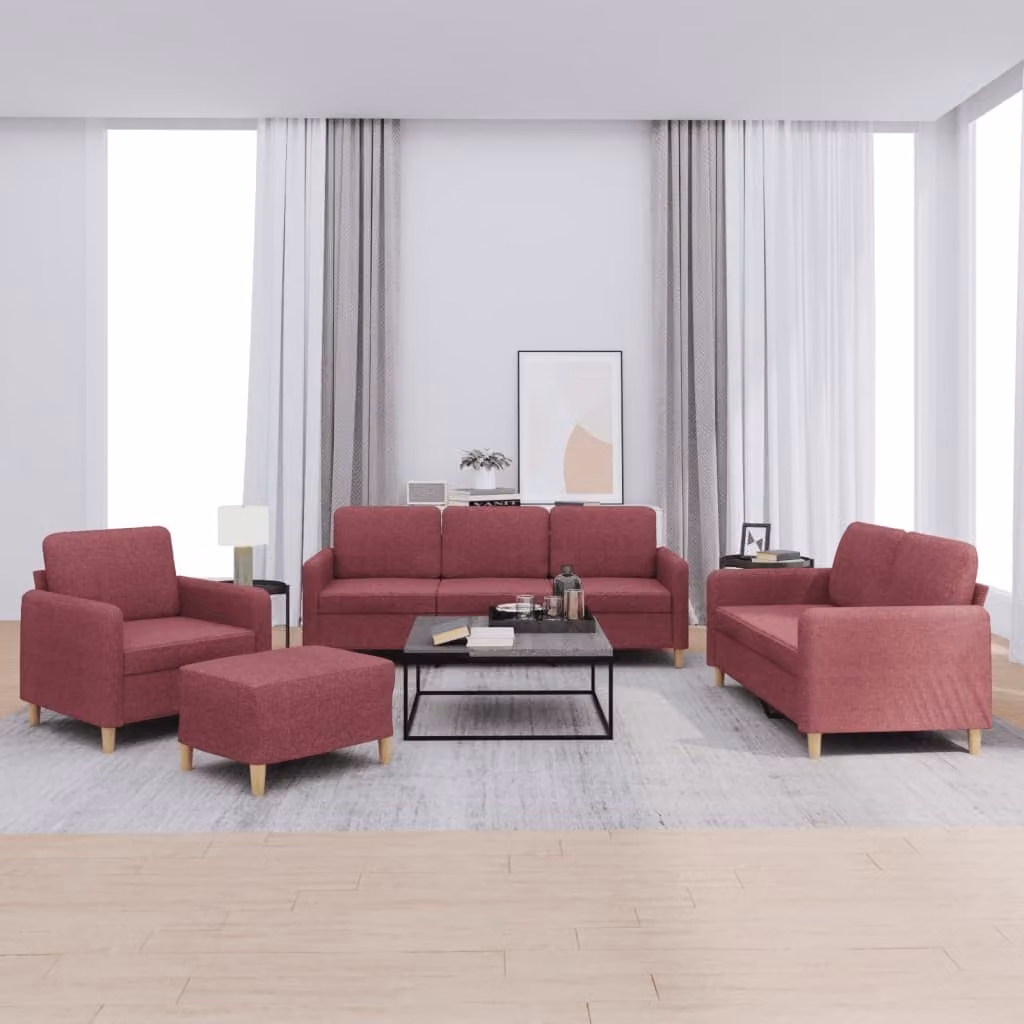 Set di divani vidaXL 4 pezzi in tessuto rosso con pouf e cuscini per soggiorno moderno