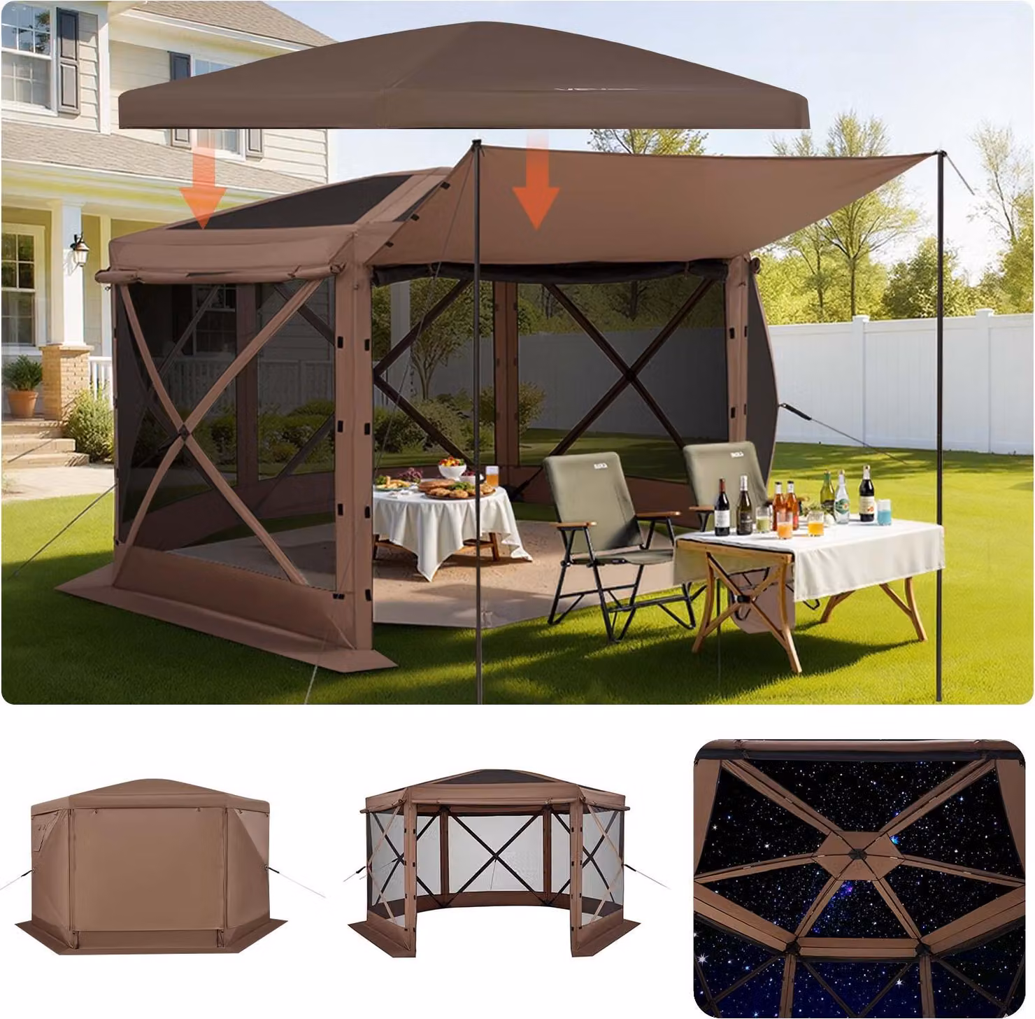 Padiglione pop-up VEVOR, 3,6 x 3,6 m, tenda da campeggio a 6 lati con tetto rimovibile e borsa per il trasporto, protezione solare per 8-10 persone, tenda da festa per giardino e terrazza, marrone