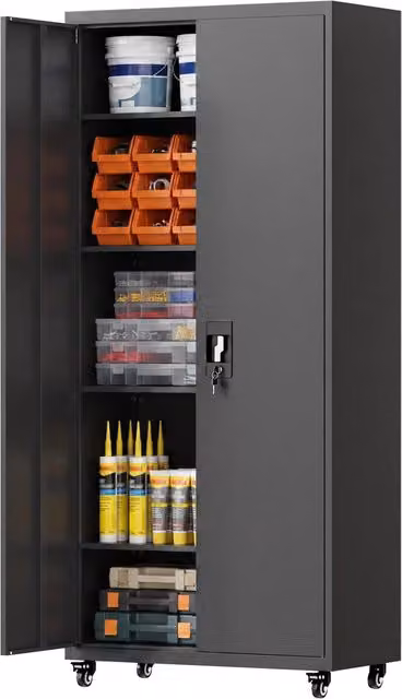 Armadio in metallo con ruote e serratura, 5 ripiani regolabili in acciaio nero per officina e casa, 80 x 40 x 180 cm