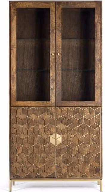 Vetrina moderna Giner y Colomer in legno di mango e metallo con ante in vetro, colore marrone e oro, L: 98 cm, P: 40 cm, H: 200 cm – 1