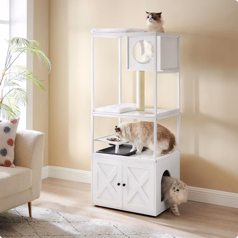 Kratzbaum & Kletterbaum - Torre per gatti 3-in-1 - Mobile per lettiera per gatti - Supporto rialzato per ciotole - Da 5 livelli - Bianco