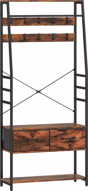 Mobile d'ingresso 6 in 1 HOMCOM con appendiabiti, mensola, 2 cassetti e 10 ganci, marrone rustico, L: 80 cm, P: 30 cm, H: 180 cm