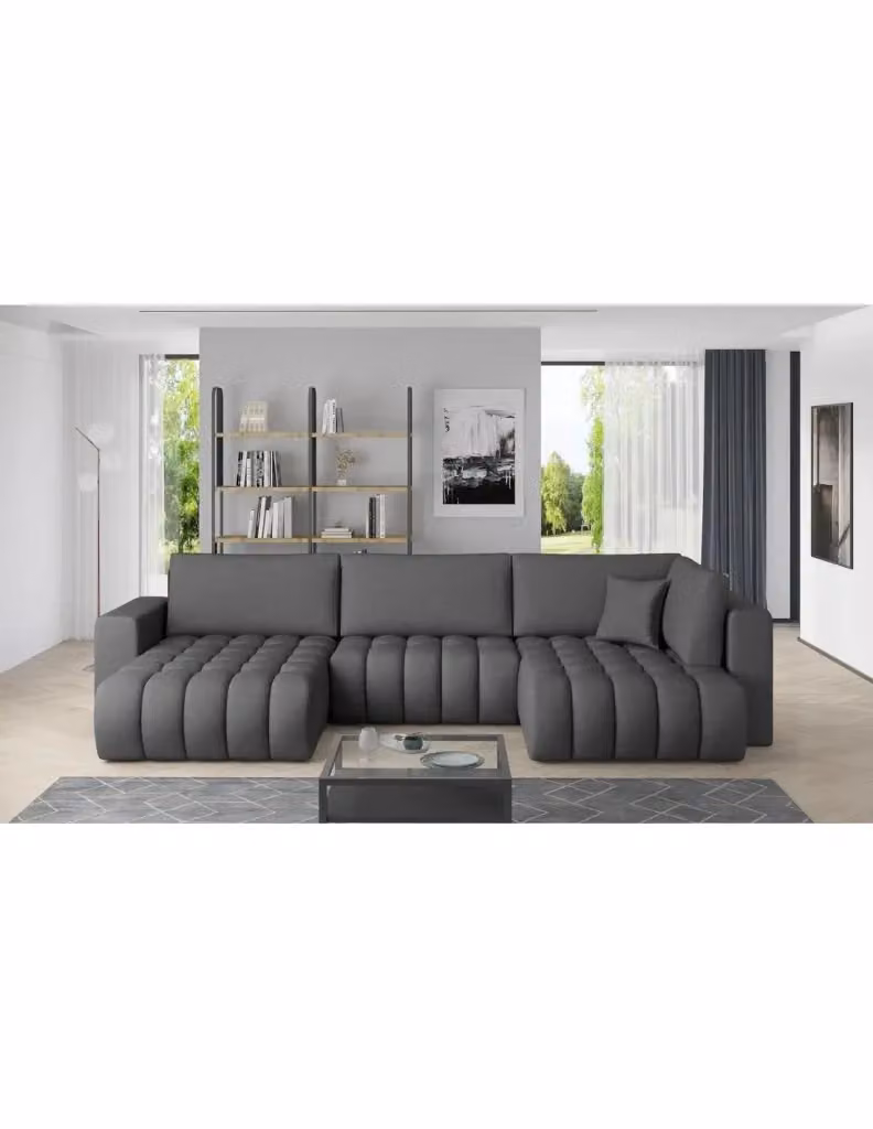 Divano ad angolo BONITA MEUBLORAMA convertibile 6 posti grigio scuro tessuto melange con funzione letto e cuscini inclusi, lato sinistro, L/P/H: 350 x 175 x 92 cm – 2