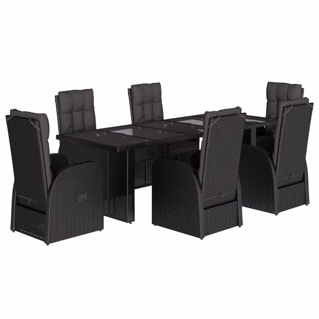 Set da Pranzo da Giardino 7 pz Nero con Cuscini in Polyrattan