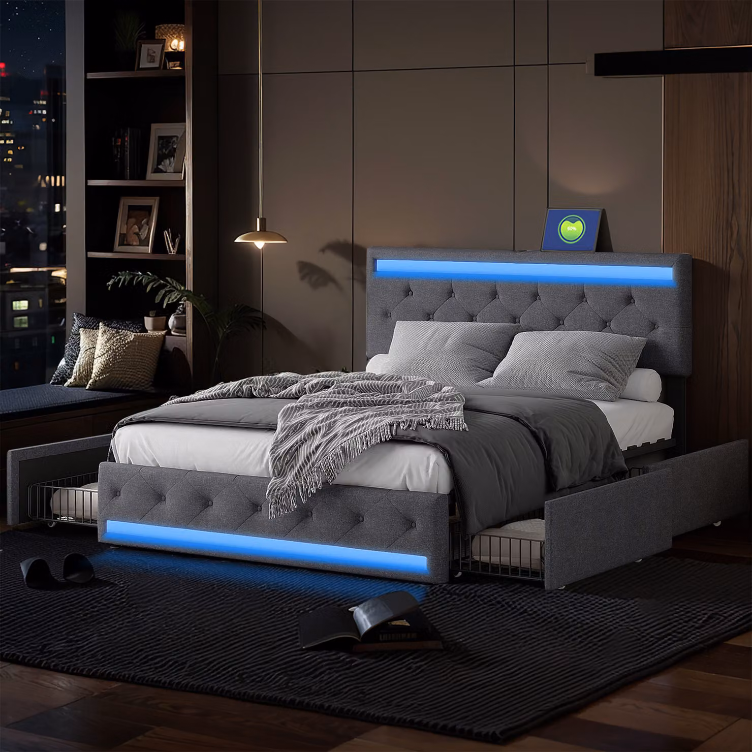 Letto imbottito CDGlobal 180x200 con LED/USB, cassetti e testata regolabile in altezza, letto per ragazzi letto funzionale letto singolo con rete a doghe e rivestimento in lino (180x200cm, grigio)