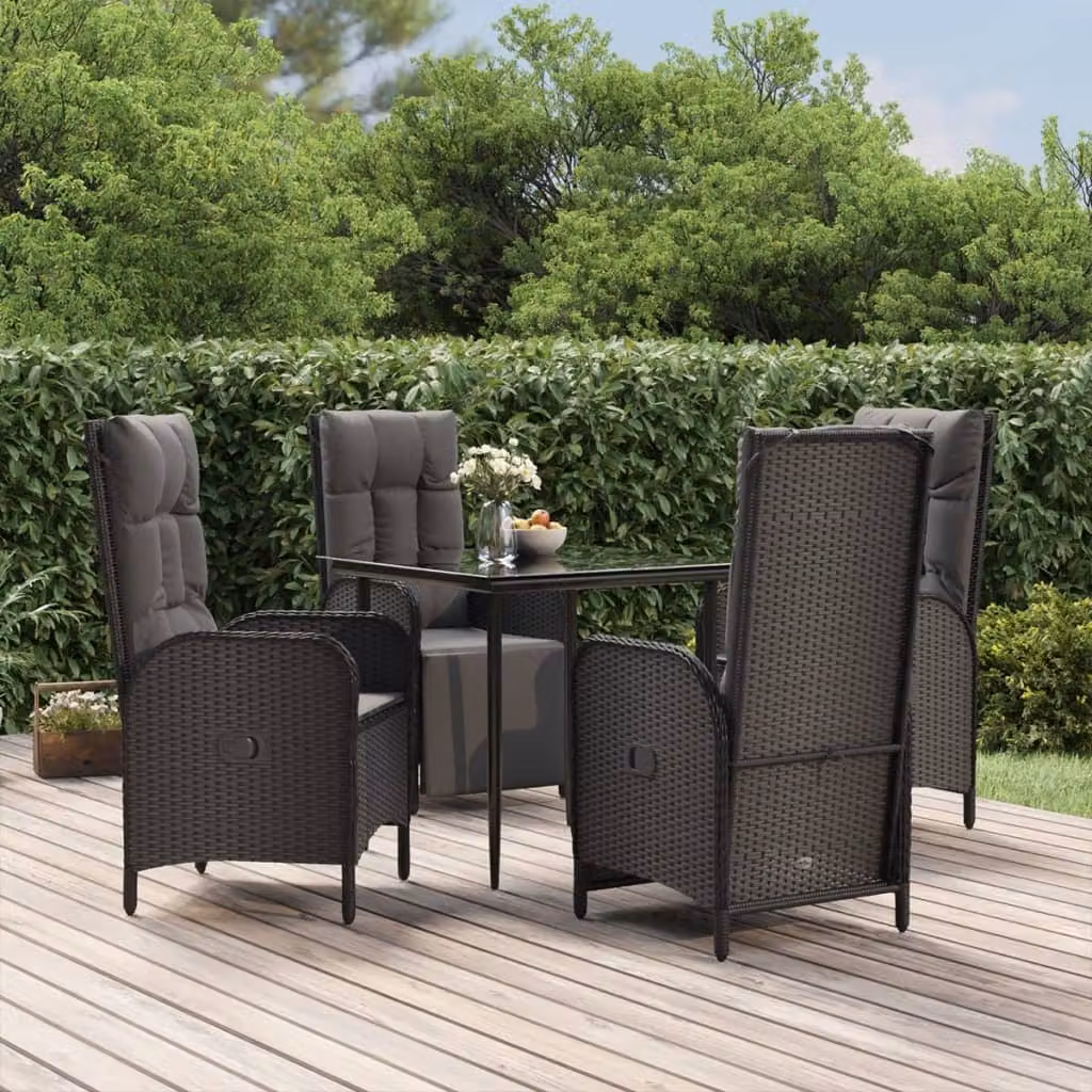 Set da pranzo da giardino moderno vidaXL in polyrattan nero con cuscini e tavolo in vetro per 5 persone