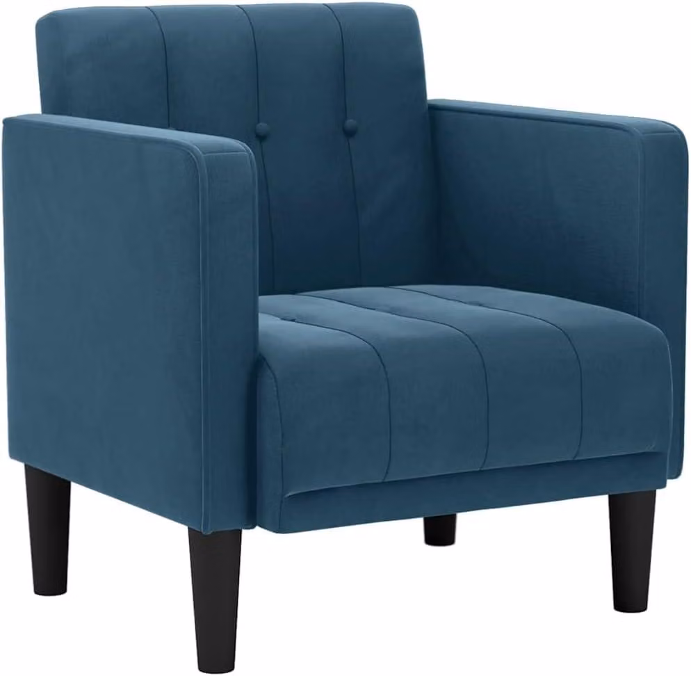 Poltrona in velluto blu con braccioli, dimensioni 70,5 x 67 x 74,5 cm, imbottitura in piuma e schiuma, struttura in compensato e design moderno, ideale per soggiorno, camera da letto e ufficio