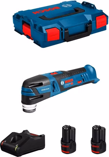 Utensile Multifunzione Bosch GOP 12V-28 Blu con 2 Batterie da 3,0 Ah, Caricabatterie GAL12V-40 e L-Boxx 102 – 1