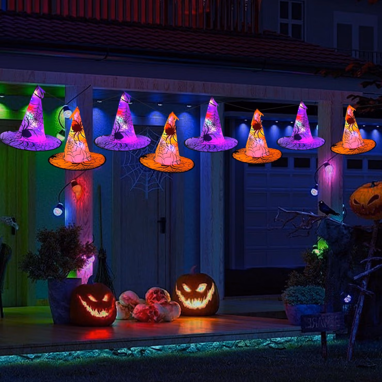 8 cappelli a cono decorativi con luci, colorati, decorazioni per Halloween, con telecomando