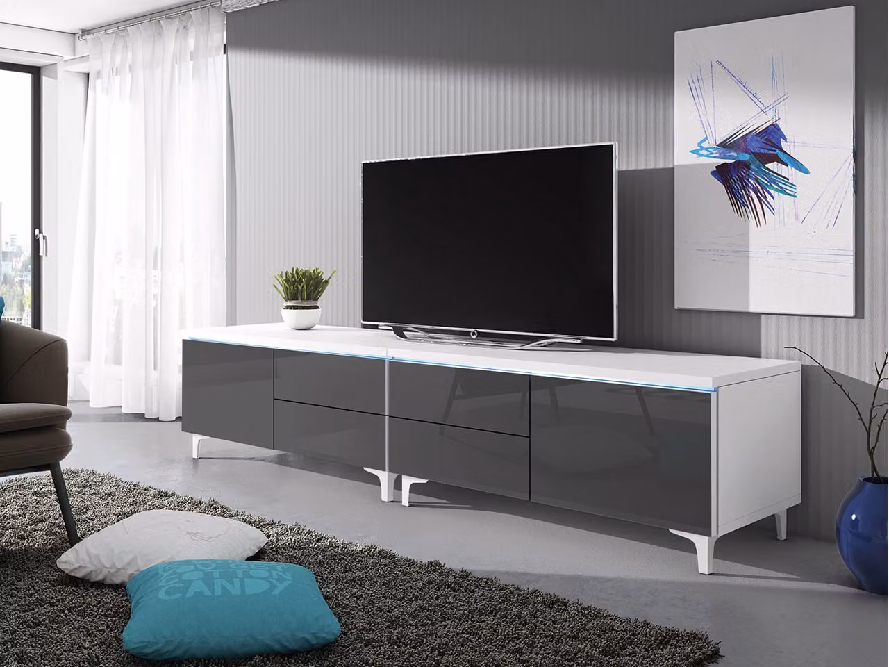 Tavolino per TV su gambe con illuminazione a LED FERNS 11 - bianco / grigio lucido