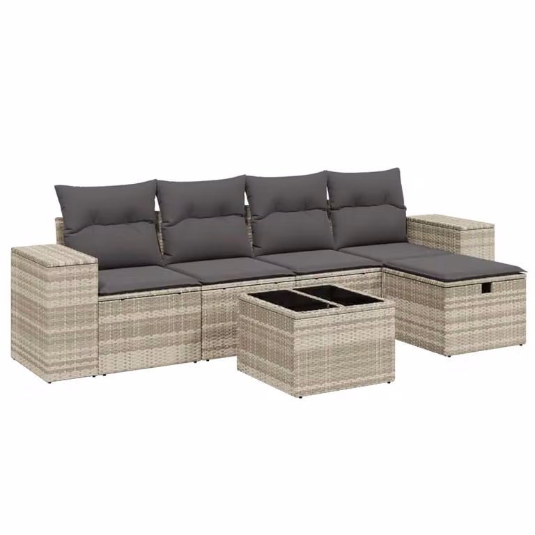 Set Divano da Giardino 6pz con Cuscini Grigio Chiaro Polyrattan
