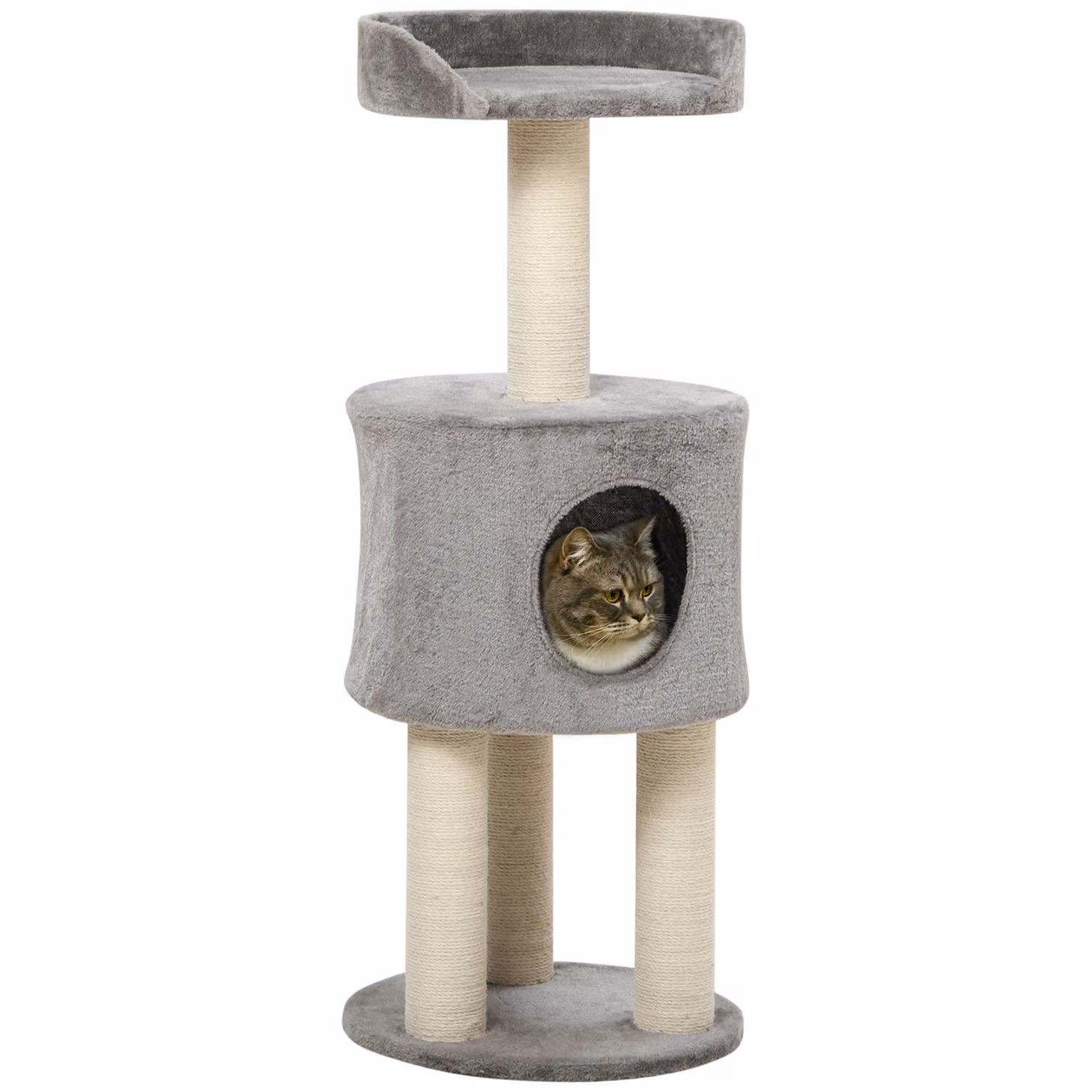 PawHut Tiragraffi Albero in sisal naturale Albero da arrampicata Altezza 103 cm Piattaforma in peluche Nicchia Grigio