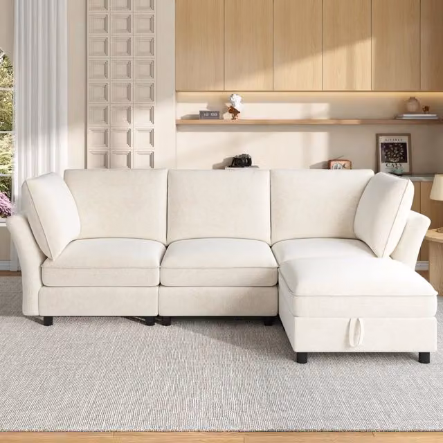 Divano Modulare a L REDOM Beige con Pouf, Design Moderno e Seduta Lift Up