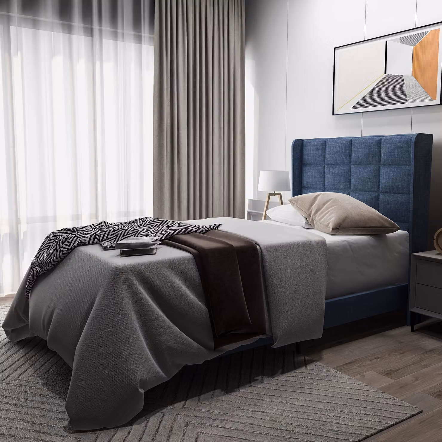Letto imbottito Merax 90x200cm con rete a doghe e testata imbottita, letto per ragazzi in lino, blu