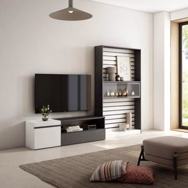 Mobile TV per soggiorno Skraut Home con camino elettrico, Bianco e nero, L: 260 cm, P: 35 cm, H: 186 cm