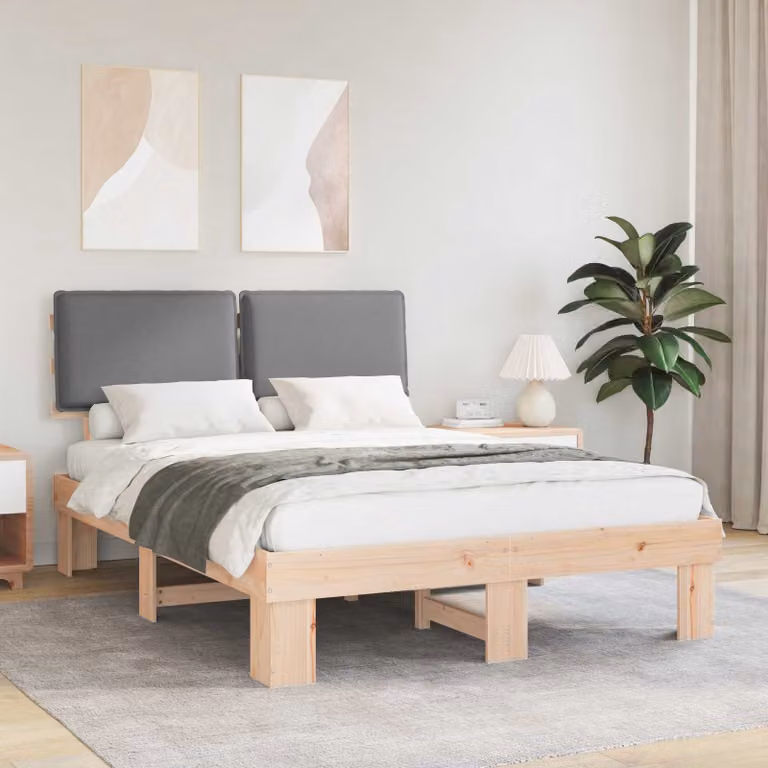 Letto con Testiera Rivestita vidaXL in Legno di Pino e Tessuto Grigio 160 x 200 cm