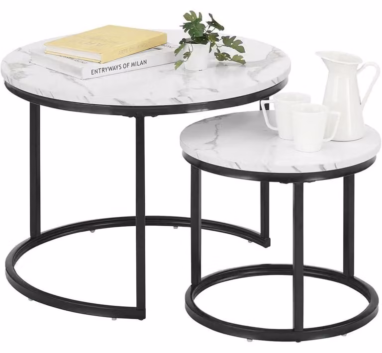 Tavolino da caffè rotondo, effetto marmo, bianco e nero, struttura in metallo, set da 2 pezzi: 70x70x45 cm e 50x50x35 cm
