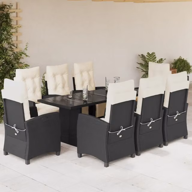 Set da pranzo da giardino vidaXL in polyrattan nero con cuscini bianchi e tavolo in vetro, 9 pezzi