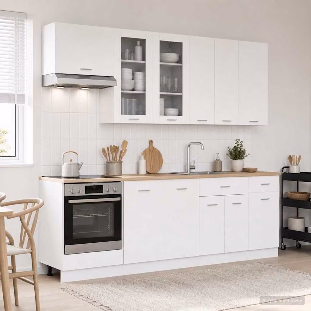 Unità cucina moderna vidaXL LYON composta da 8 pezzi in bianco opaco con ante in vetro e cassetti interni in MDF