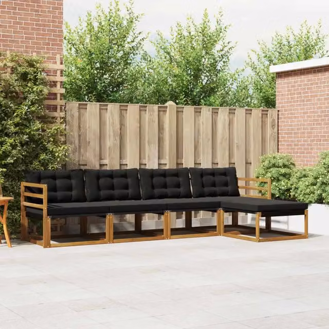 Set di divani da esterno a L vidaXL in legno di acacia con pouf e cuscini, marrone e nero