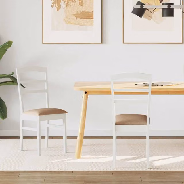 Set di 2 sedie da pranzo vidaXL in legno di gomma con seduta in tessuto, colore bianco e marrone