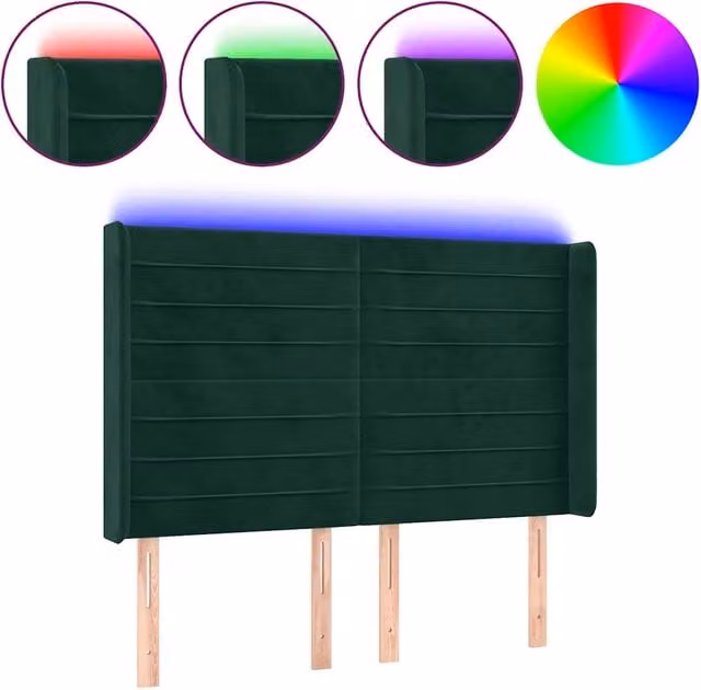 Testiera con illuminazione LED e porta USB in velluto verde scuro L: 147 cm, P: 16 cm, H: 118-128 cm