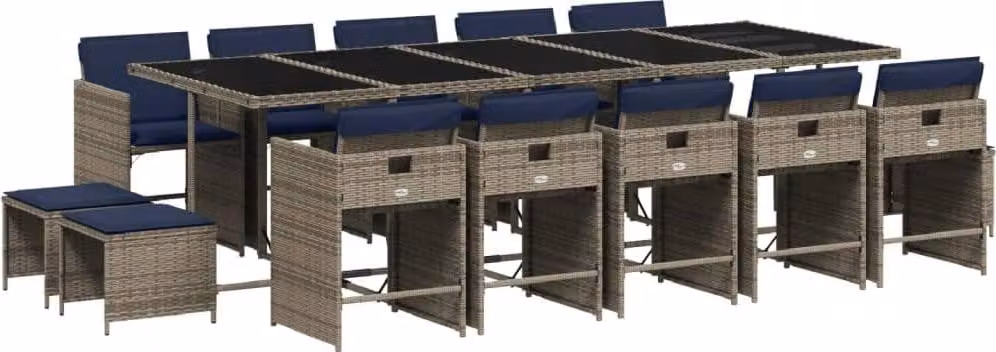 Set da pranzo da giardino da 15 pz con Cuscini in Polyrattan Grigio