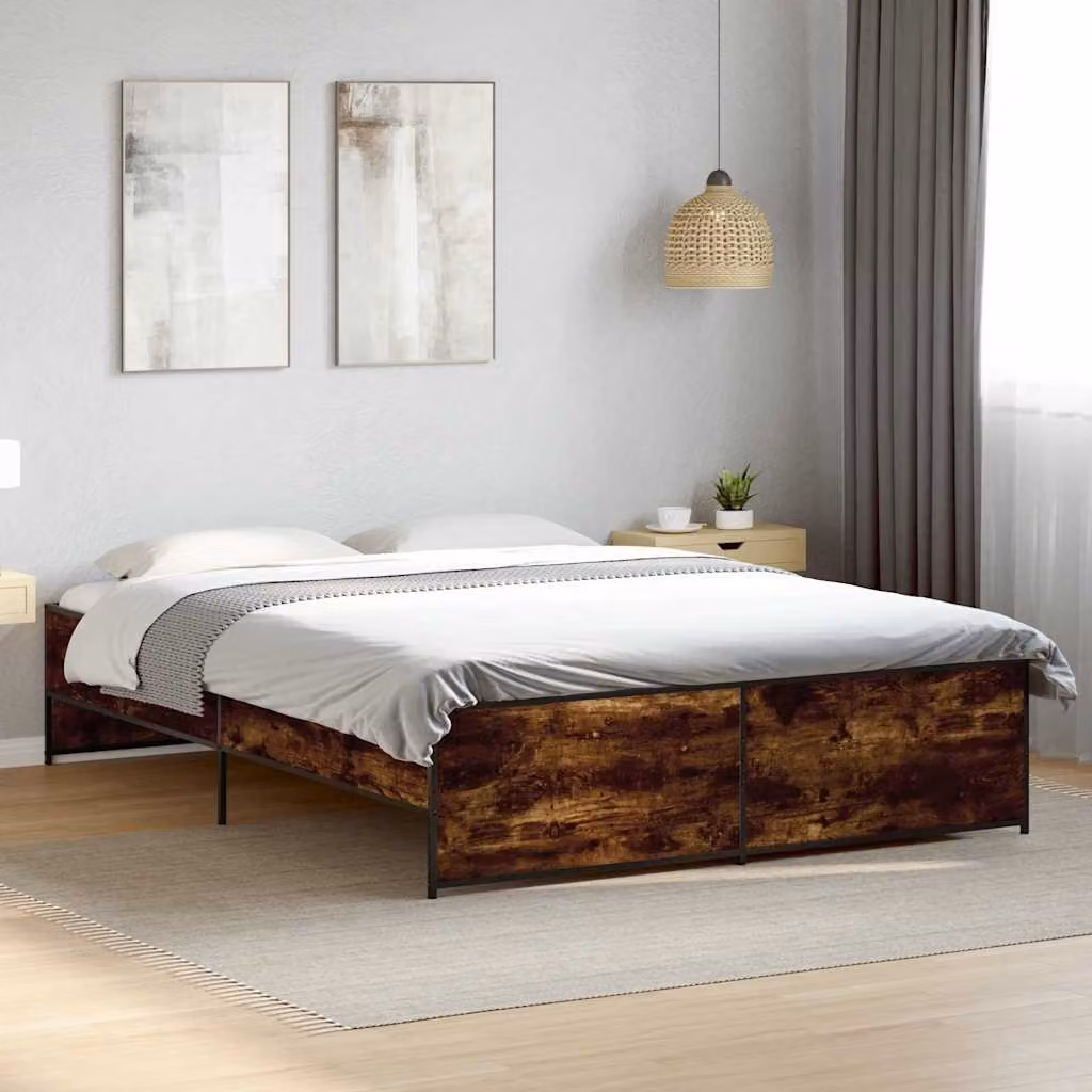 Giroletto vidaXL in Rovere Fumo e Metallo con Doghe in Legno, L/P/H: 150 x 200 x 40,5 cm