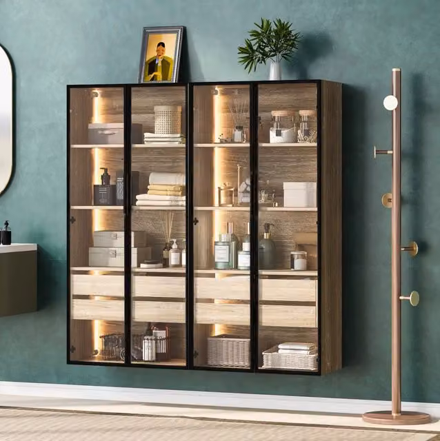 Set di 2 armadi moderni in MDF marrone con ante in vetro e illuminazione LED per camera da letto L/P/H: 155 x 74 x 48,5 cm