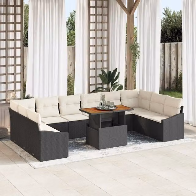 Set Divano da Giardino vidaXL in Polyrattan con Legno di Acacia, 11 Pezzi, Nero e Beige