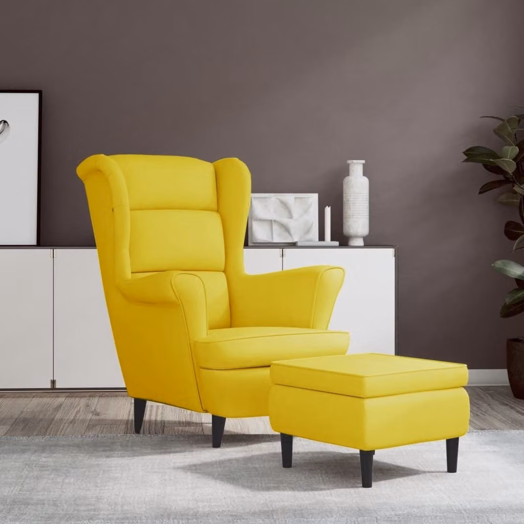 The Living Store sedia ad ala con pouf in velluto giallo senape