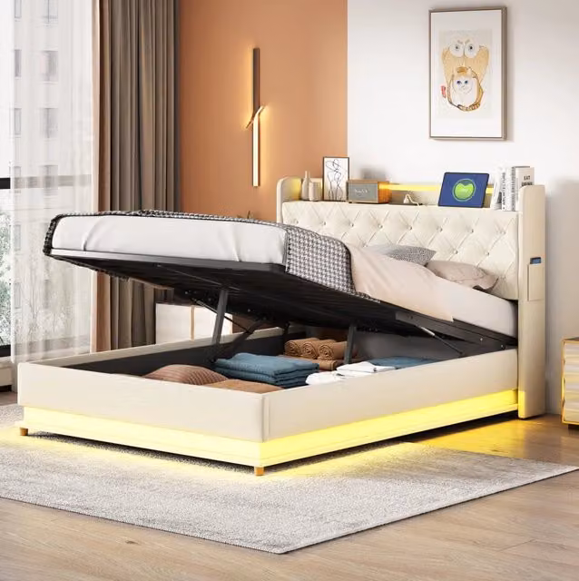 Letto imbottito ULEVR 140x200 cm beige con LED multicolore, porta USB e contenitore idraulico
