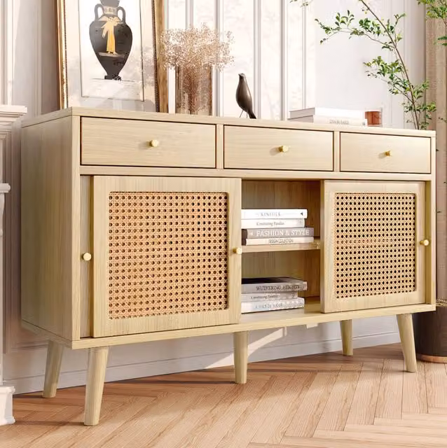 Credenza ULEVR 120x40x78 cm con 3 cassetti, 3 ante scorrevoli e ripiani regolabili, finitura rovere