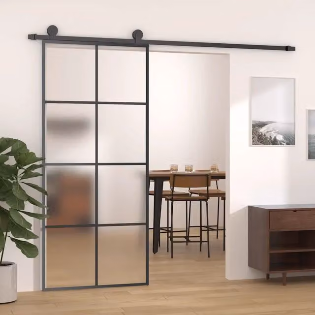 Porta Scorrevole Industrial vidaXL in Vetro e Alluminio Nero L: 90 cm, H: 205 cm