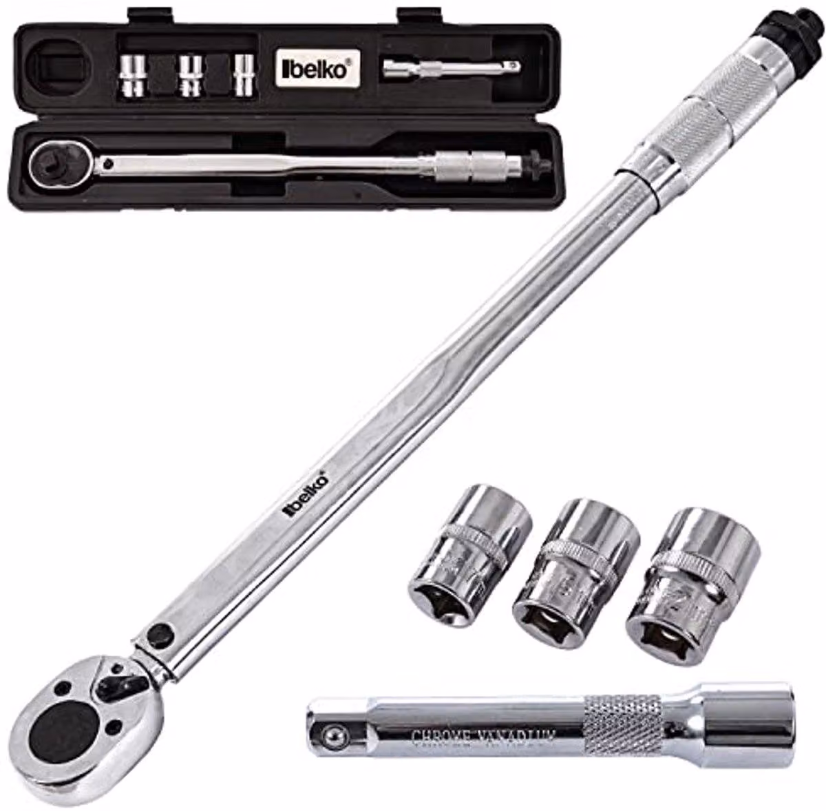 Set di chiavi dinamometriche a cricchetto, 6 pezzi, da 28 a 210 Nm, attacco 1/2", completo di chiavi a bussola e prolunga