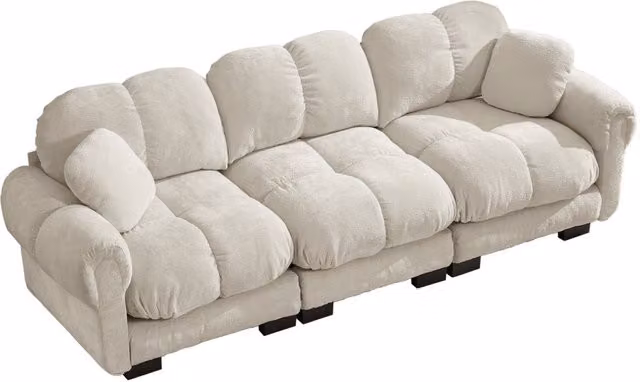 Divano 3 posti in chenille color kaki chiaro con 2 cuscini decorativi e design trapuntato