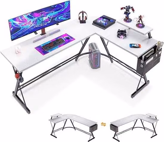 Tavolo da gaming a forma di L con angolo arrotondato, bianco, 167 x 120 cm. Tavolo angolare con ripiano per monitor, ideale per il gaming